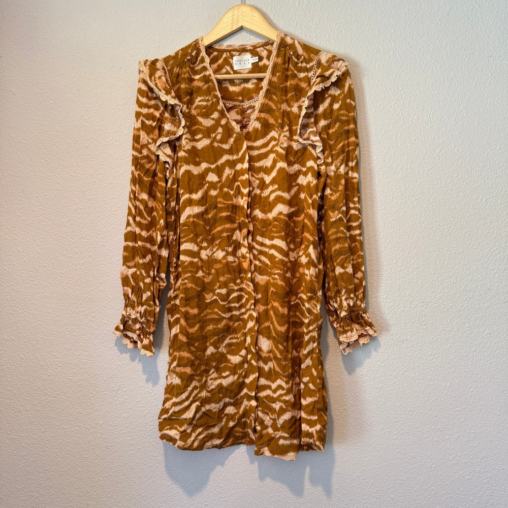 Atelier Reve Brown Tiger Print Ruffle Lace Trim Ecovero Viscose Mini Dress 36